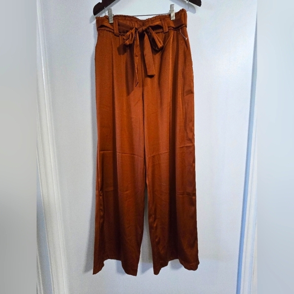 JOIE Camel Rich Brown Satin Wide-Leg Pants Bow Belt Size M - Picture 1 of 8